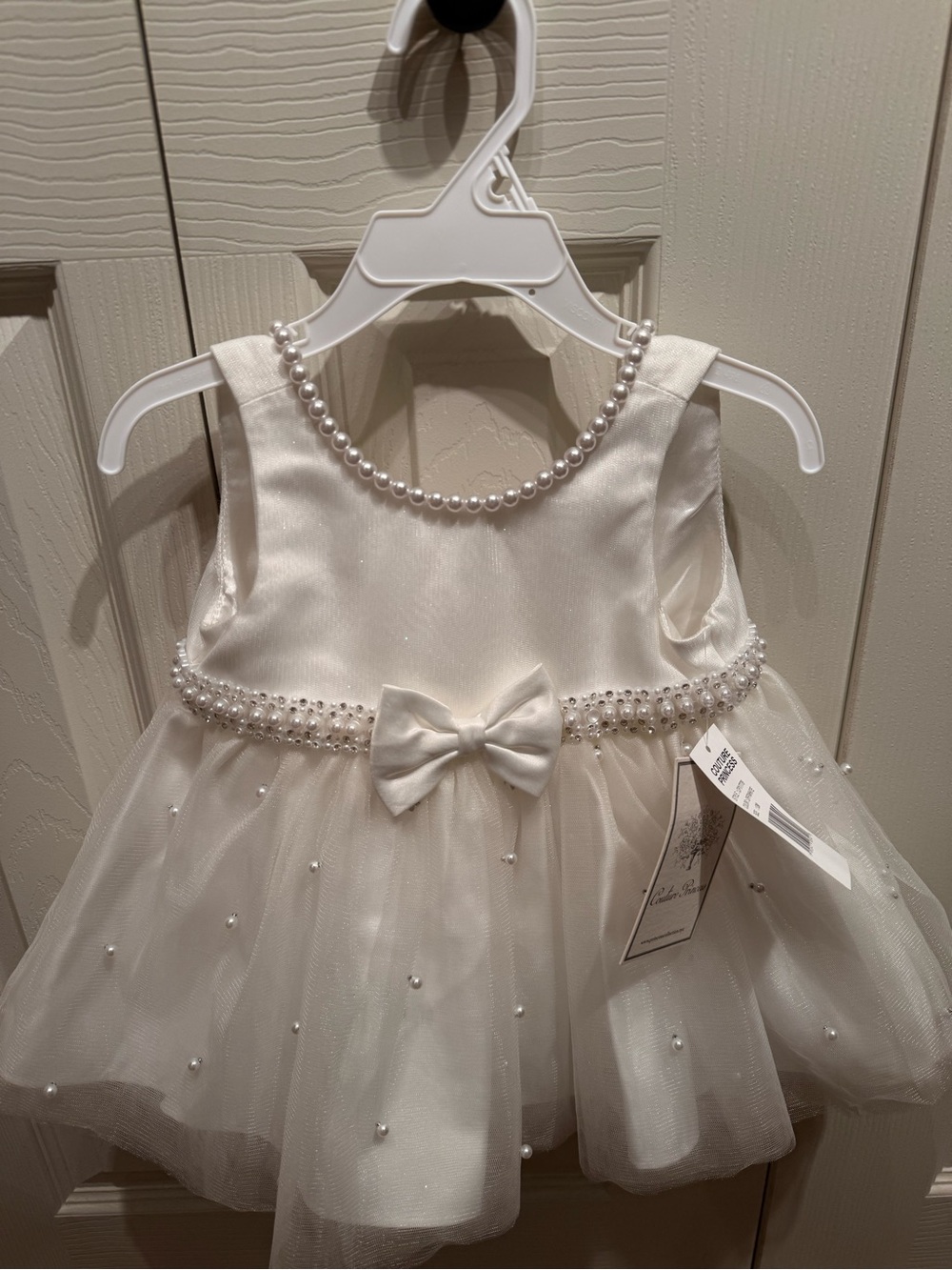 Ivory Pearl-Embellished Baby Dress with Bow